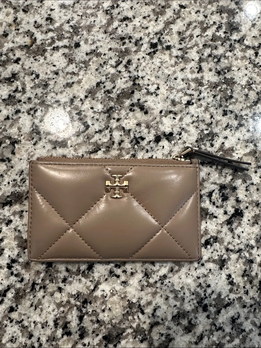 Tory Burch Quilted Taupe Leather Zip Card Holder with Gold Logo